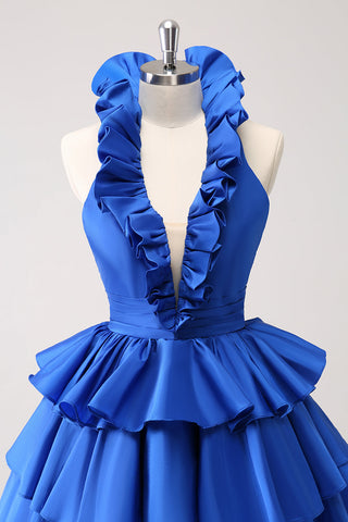 Deep V-neck A-Line Satin Short Homecoming Dress with Ruffles