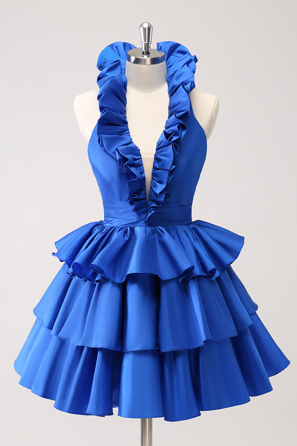 Robe de bal courte en satin, coupe trapèze, décolleté en V profond et volants