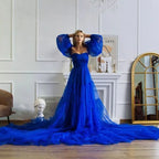 Robe de mariée/de maternité en tulle bleu roi avec manches amovibles, longue traîne, nuisette/nuisette idéale pour une séance photo, robe de bal unique