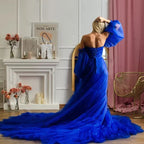 Robe de mariée/de maternité en tulle bleu roi avec manches amovibles, longue traîne, nuisette/nuisette idéale pour une séance photo, robe de bal unique