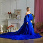 Robe de mariée/de maternité en tulle bleu roi avec manches amovibles, longue traîne, nuisette/nuisette idéale pour une séance photo, robe de bal unique