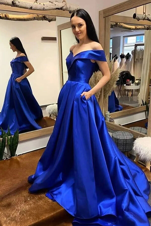 Vestidos de fiesta corte A con hombros descubiertos, vestidos de noche con cola