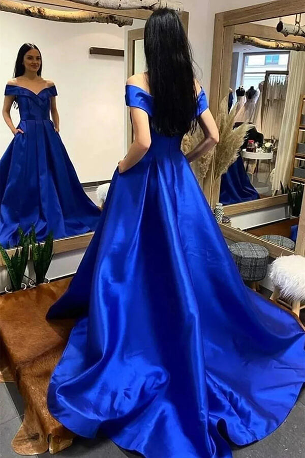Vestidos de fiesta corte A con hombros descubiertos, vestidos de noche con cola