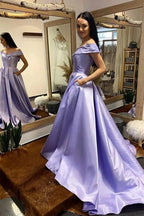 Vestidos de fiesta corte A con hombros descubiertos, vestidos de noche con cola