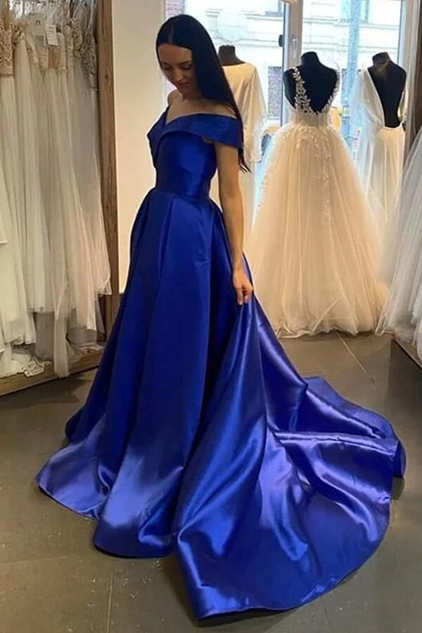 Vestidos de fiesta corte A con hombros descubiertos, vestidos de noche con cola