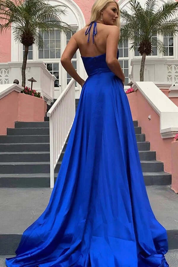 Vestidos largos de fiesta de corte A con escote en V, tirantes finos y abertura.