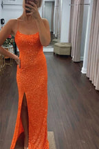 Mermaid Sequins Long Prom Dresses With Slit, Evening Gowns