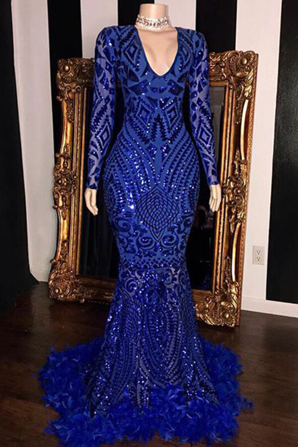 Mermaid V-neck Long Prom Dresses With Sleeves, Evening Gown