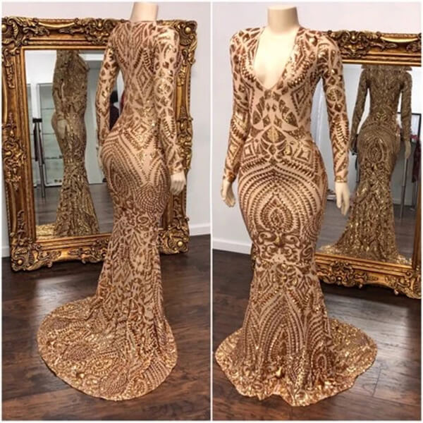 Mermaid V-neck Long Prom Dresses With Sleeves, Evening Gown