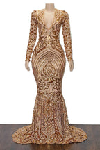Mermaid V-neck Long Prom Dresses With Sleeves, Evening Gown