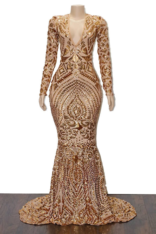 Mermaid V-neck Long Prom Dresses With Sleeves, Evening Gown
