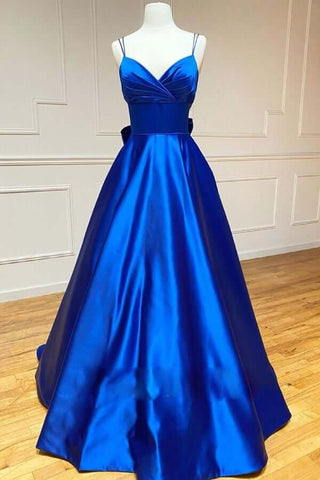 Robe de bal longue en satin, coupe trapèze, bretelles spaghetti et nœud papillon