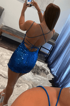 Robe de bal courte moulante à sequins bleu roi PD459