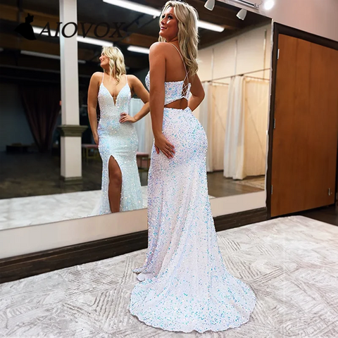 Robe de bal fendue bleu royal à sequins SYP109