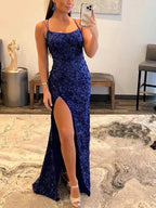 Glitter Sequin Prom Dress with Slit Scoop Neck Prom Dress SYP171