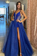 Vestidos largos de fiesta de tul brillante, corte en A, escote en V y apliques de encaje