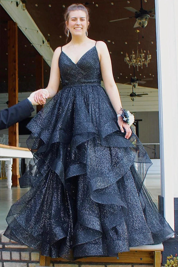 Robe de bal longue à plusieurs couches en tulle bleu royal pailleté et col en V PSK510