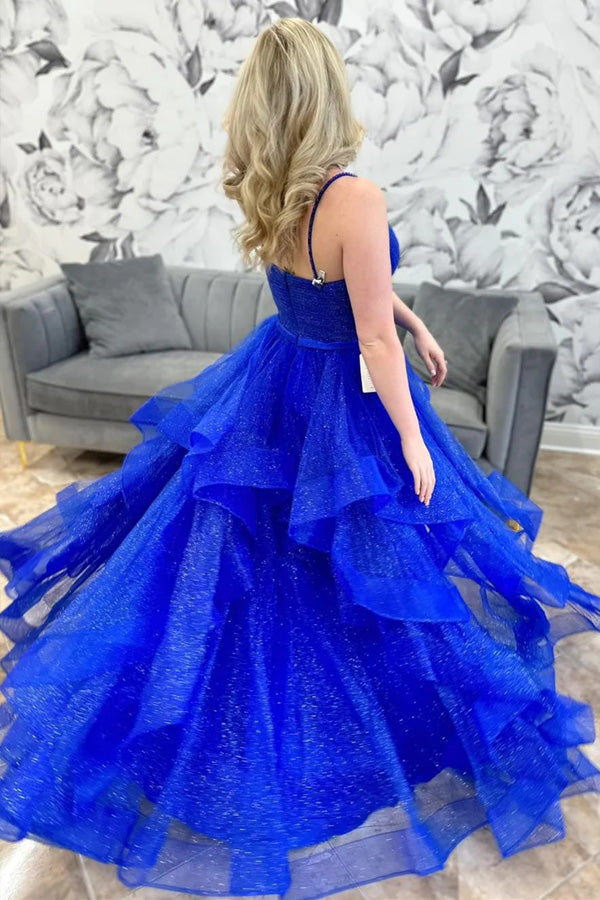 Robe de bal longue à plusieurs couches en tulle bleu royal pailleté et col en V PSK510