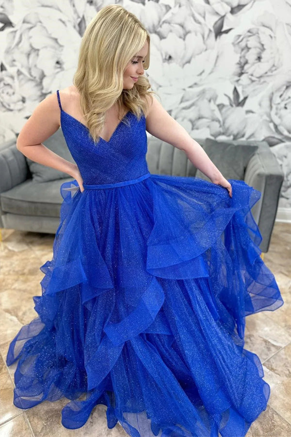 Robe de bal longue à plusieurs couches en tulle bleu royal pailleté et col en V PSK510