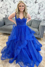 Robe de bal longue à plusieurs couches en tulle bleu royal pailleté et col en V PSK510
