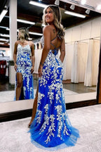 Tulle Mermaid Backless Prom Dresses With Lace Appliques