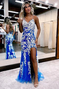 Tulle Mermaid Backless Prom Dresses With Lace Appliques