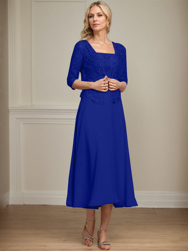 Vestido de corte A, largo midi, de gasa, encaje y lentejuelas para la madre de la novia. 