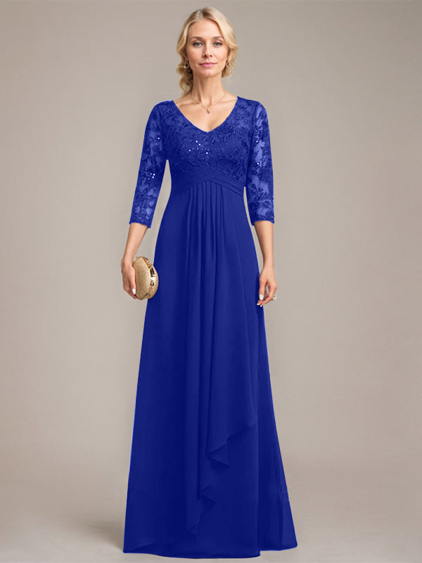 Vestido de novia de corte línea A, escote en V, largo hasta el suelo, de gasa de encaje con volantes en cascada y lentejuelas. 