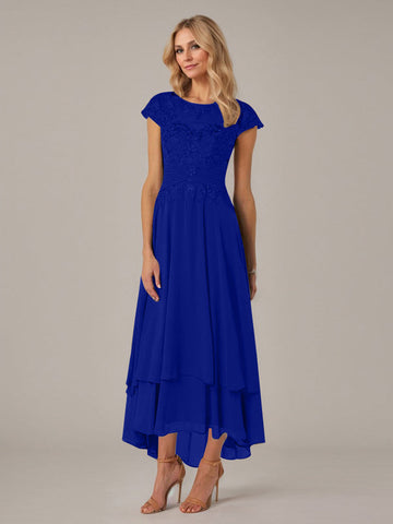 A-line Boat Neck Illusion Asymmetrical Chiffon Lace Mother of the Bride Dress With Applique Pleats
