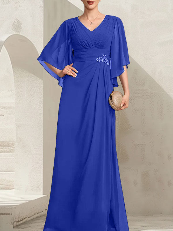 Vestido de corte recto/columna, escote en V, largo hasta el suelo, de gasa, para la madre de la novia, con lentejuelas plisadas y pedrería.