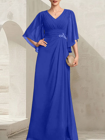 Sheath/Column V-Neck Floor-Length Chiffon Mother of the Bride Dress With Pleated Sequins Beading