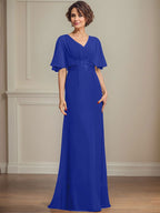 Vestido de corte A, escote en V, largo hasta el suelo, de gasa, para la madre de la novia, con apliques de lentejuelas plisadas y encaje.