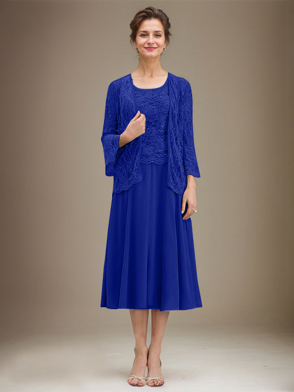 Vestido de novia de corte línea A, escote redondo, largo hasta la rodilla, de encaje y gasa con lentejuelas. 
