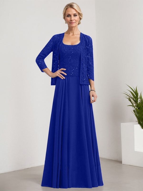 Vestido de corte A, cuadrado, largo hasta el suelo, de encaje y gasa con lentejuelas para la madre de la novia 