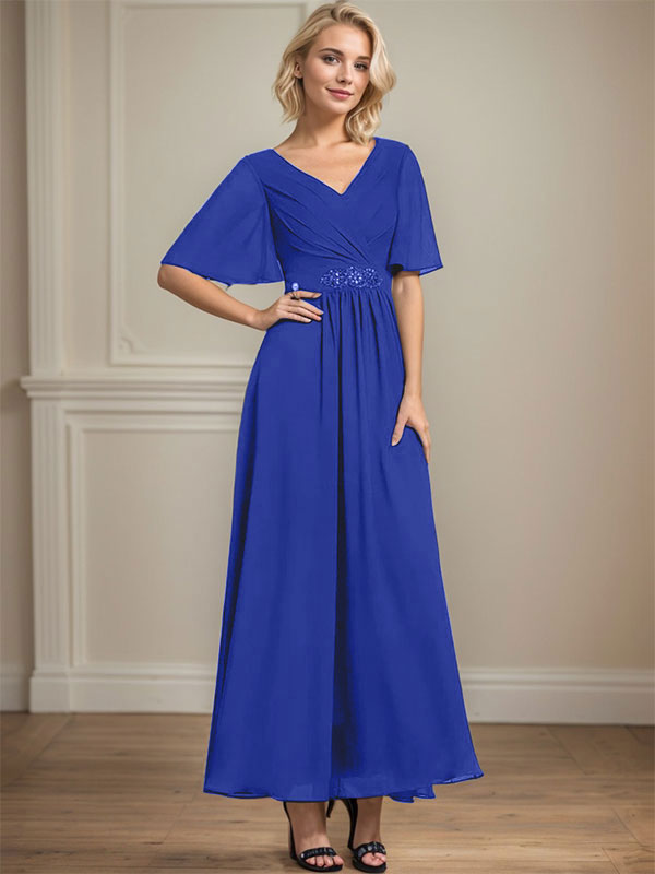 Vestido de gasa de corte A, escote en V, largo hasta el tobillo, para la madre de la novia, con lentejuelas y cuentas plisadas.