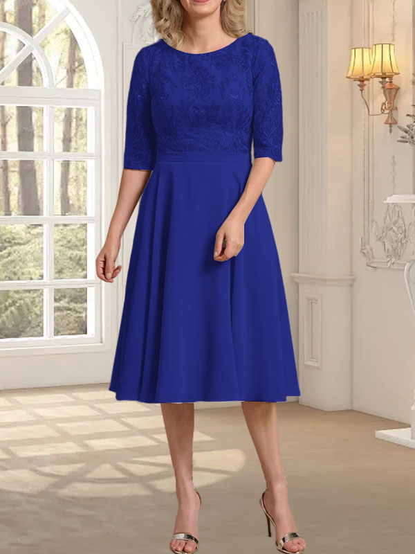 Vestido de novia de gasa de encaje, corte en A, escote redondo y largo hasta la rodilla.