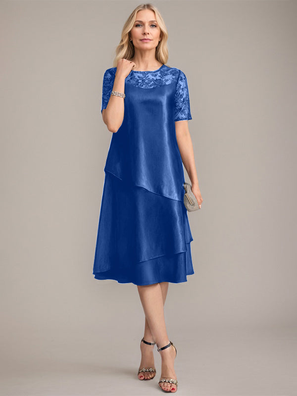 Vestido de corte A, escote redondo, largo hasta la rodilla, para la madre de la novia, con apliques y lentejuelas. 