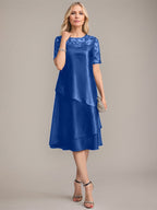 Vestido de corte A, escote redondo, largo hasta la rodilla, para la madre de la novia, con apliques y lentejuelas. 