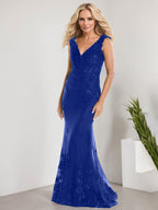 Vestido de sirena para la madre de la novia, corte sirena, escote en V, largo hasta el suelo, de gasa de encaje con apliques de lentejuelas. 