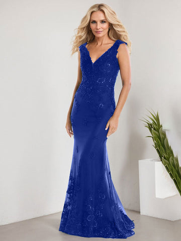 A-line V-Neck Floor-Length Lace Chiffon Mother of the Bride Dress With Applique Sequins Mermaid Dresses