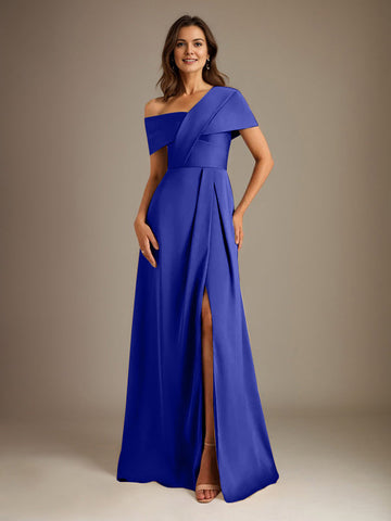 A-Line Asymmetrical Neckline Floor-Length Satin Mother of the Bride Dress With Pleated