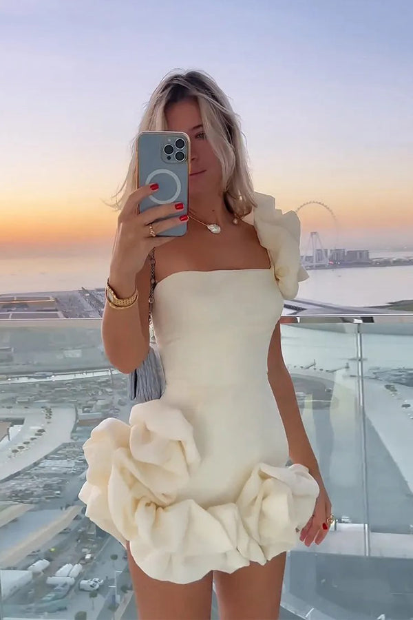 Vestido corto de fiesta de satén con volantes, vestido de baile de bienvenida de un solo hombro PD550