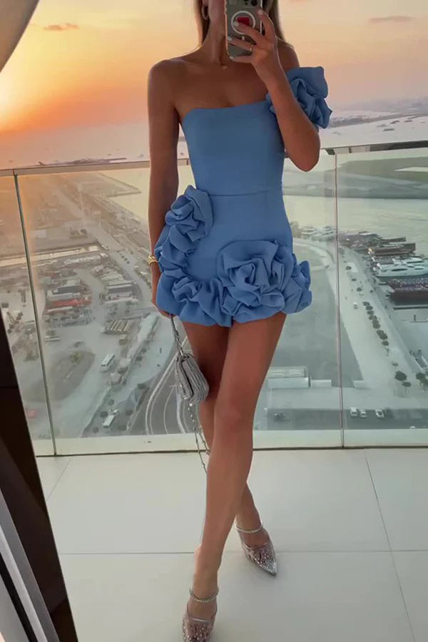 Vestido corto de fiesta de satén con volantes, vestido de baile de bienvenida de un solo hombro PD550