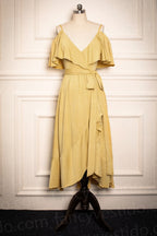 Robe de demoiselle d'honneur jaune moutarde, longueur thé, VMB37