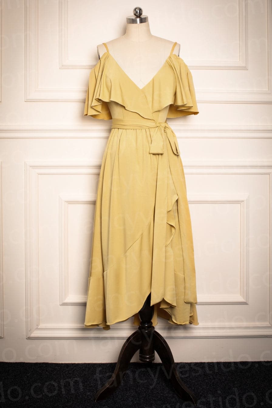 Vestido de dama de honor amarillo mostaza largo hasta la rodilla VMB37