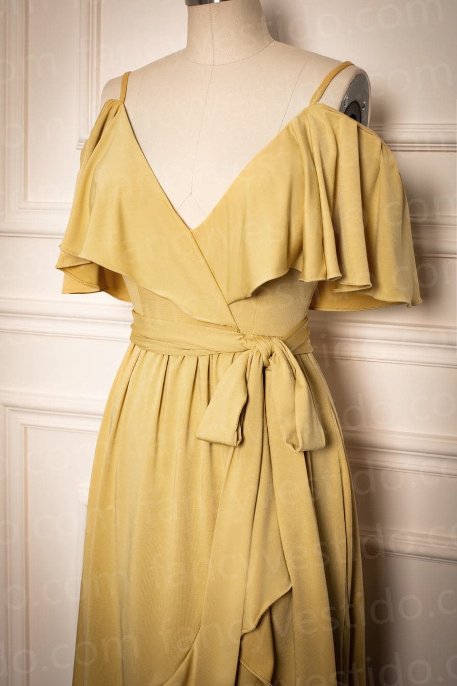 Vestido de dama de honor amarillo mostaza largo hasta la rodilla VMB37