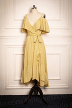 Robe de demoiselle d'honneur jaune moutarde, longueur thé, VMB37