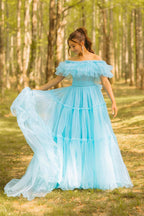 Robe de bal bleue à volants, épaules dénudées et corset, coupe trapèze, PSK570