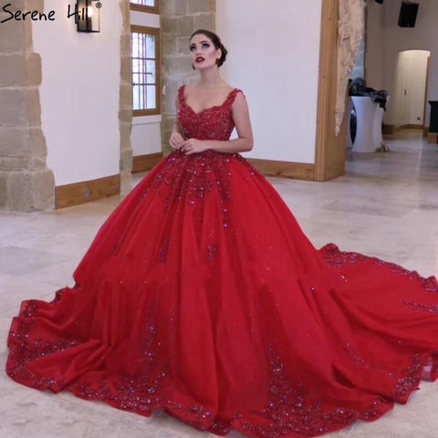 Ruhigen Hill Red Ärmellose Sexy Hochzeit Kleider 2025 Dubai High-end-Perlen Perlen Braut Kleid HA2440 Nach Maß