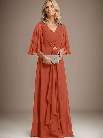 A-line V-Neck Floor-Length Chiffon Mother of the Bride Dress With Cascading Ruffles Crystal Brooch